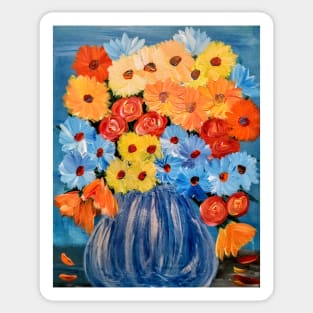 Some abstract vibrant colorful flowers in a glass vase with silver accent . Sticker